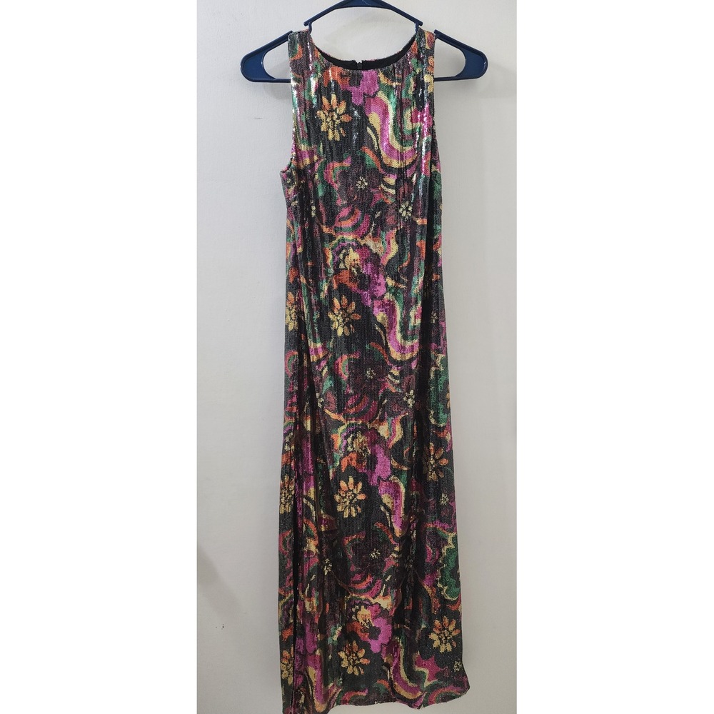 MISA Los Angeles Sequin Floral‎ Maxi Dress Multi Color Sleeveless Gown Slit